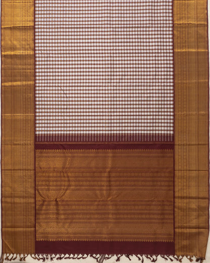 Classic Kanchipuram Silk Checks And Butta White And Maroon Saree