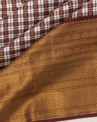 Classic Kanchipuram Silk Checks And Butta White And Maroon Saree