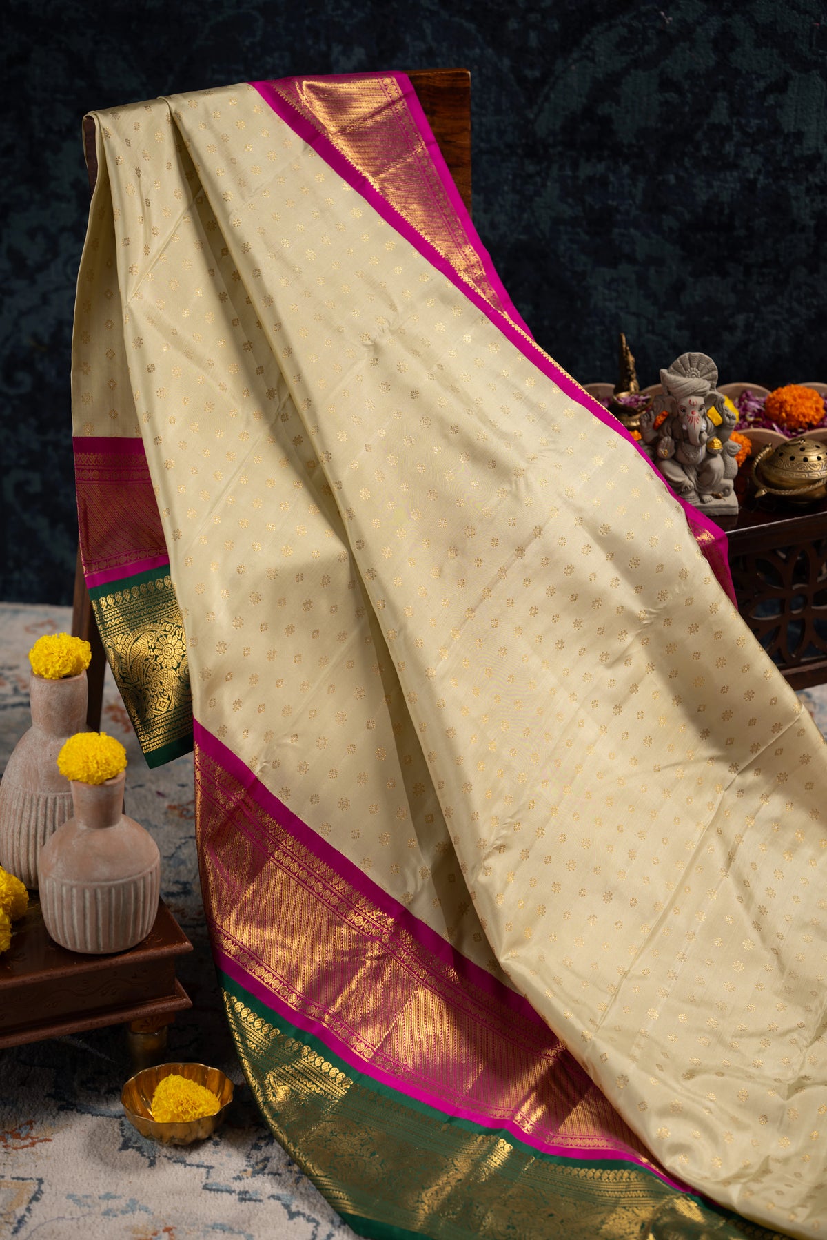 Kanchipuram Silk Butta Cream Saree