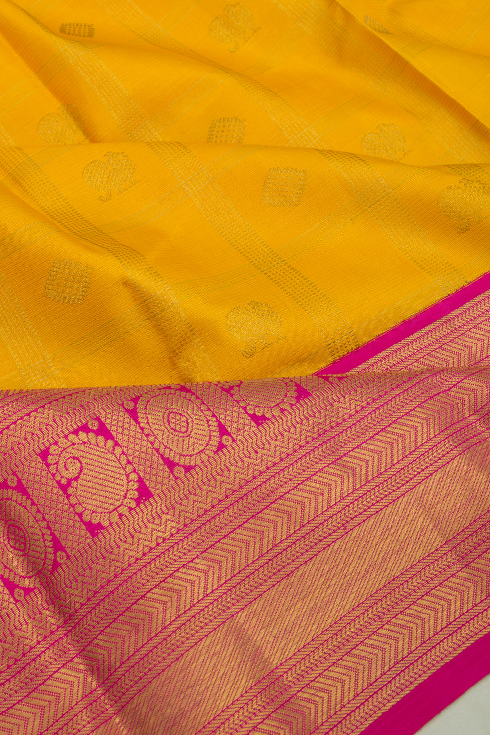 Kanchipuram Silk Checks And Butta Yellow Saree
