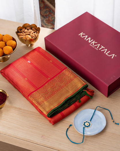 Kanchipuram Silk Brocade Red Saree With Rakhi And Gift Box