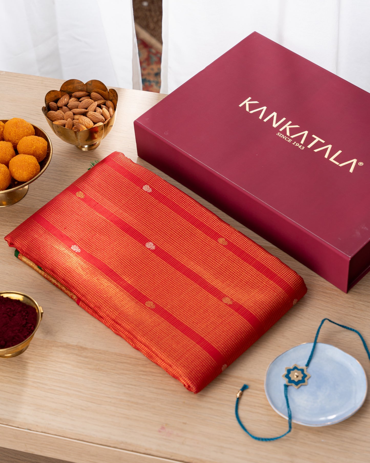 Kanchipuram Silk Brocade Red Saree With Rakhi And Gift Box