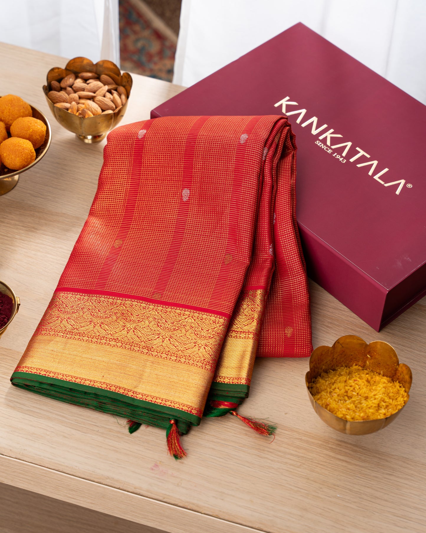 Kanchipuram Silk Brocade Red Saree With Rakhi And Gift Box