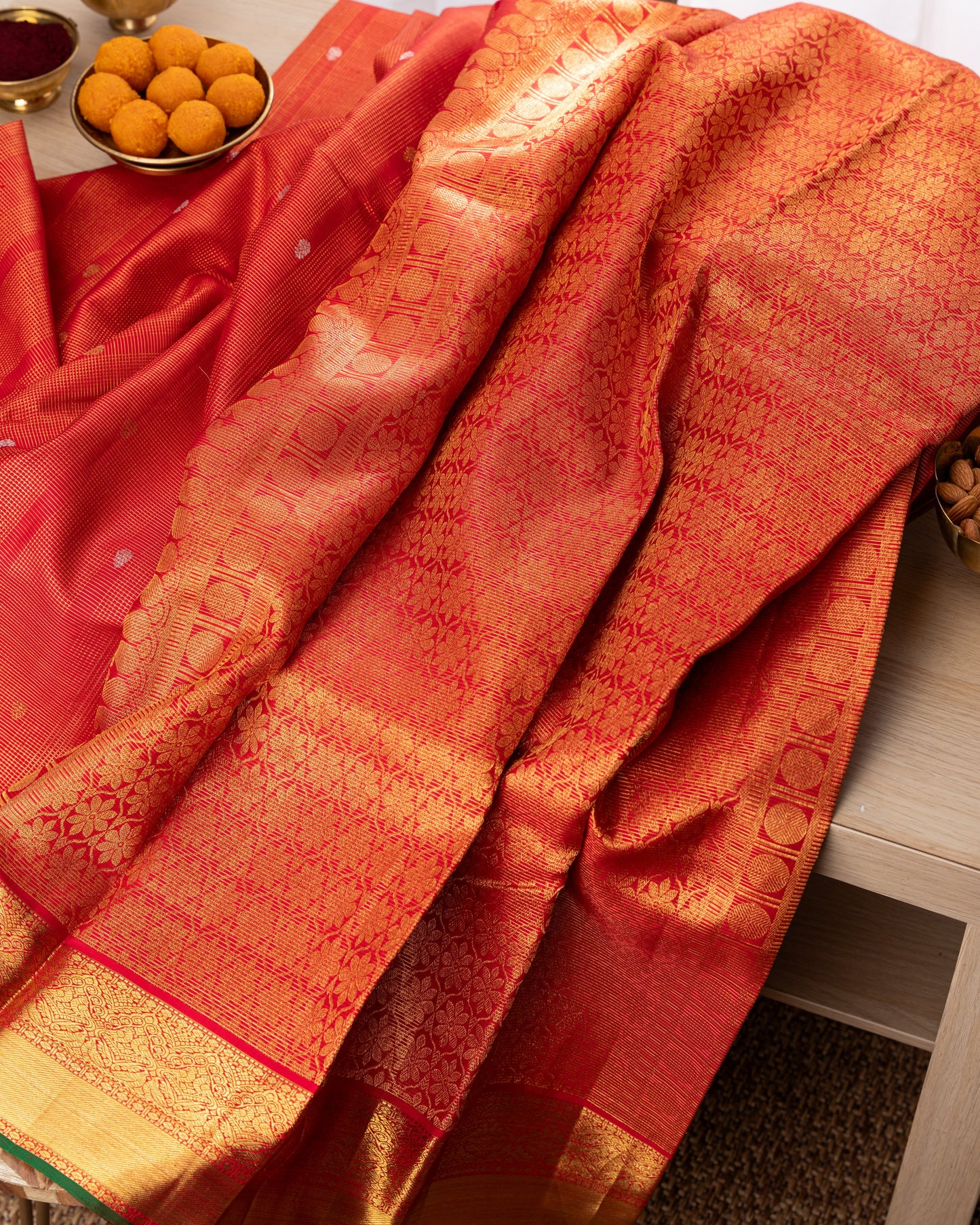 Kanchipuram Silk Brocade Red Saree With Rakhi And Gift Box