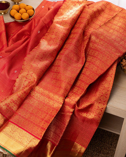 Kanchipuram Silk Brocade Red Saree With Rakhi And Gift Box