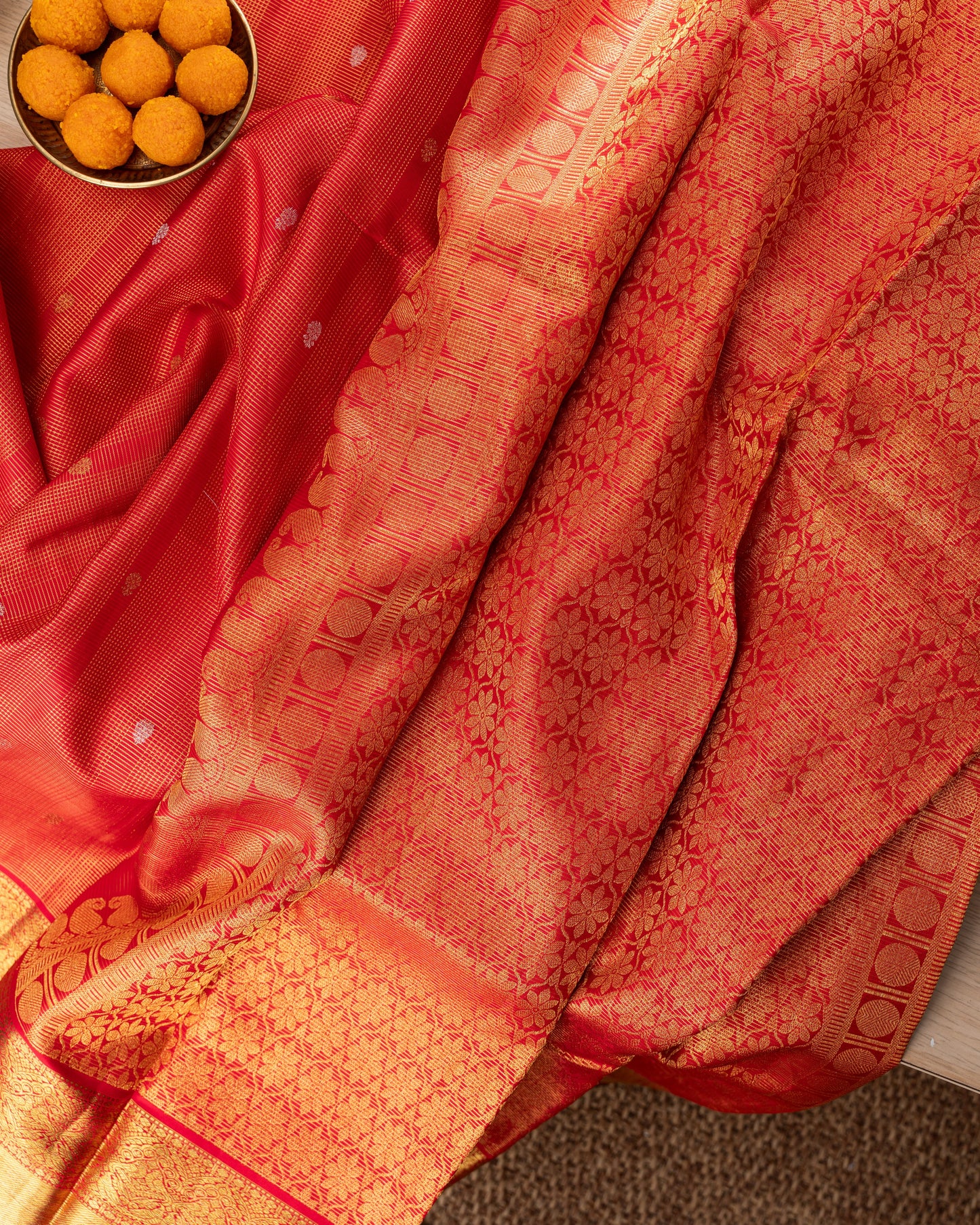 Kanchipuram Silk Brocade Red Saree With Rakhi And Gift Box