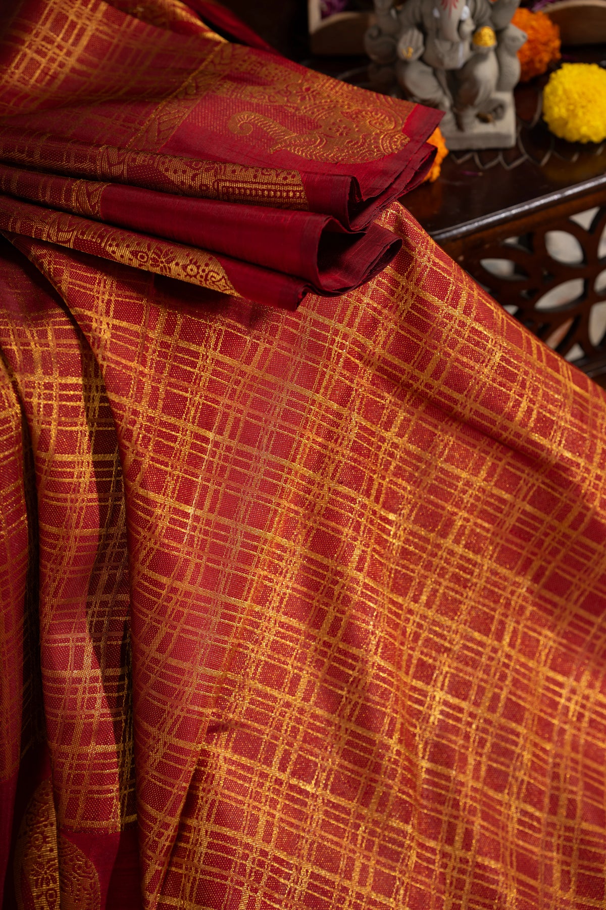 Kanchipuram Silk Checks Red Saree