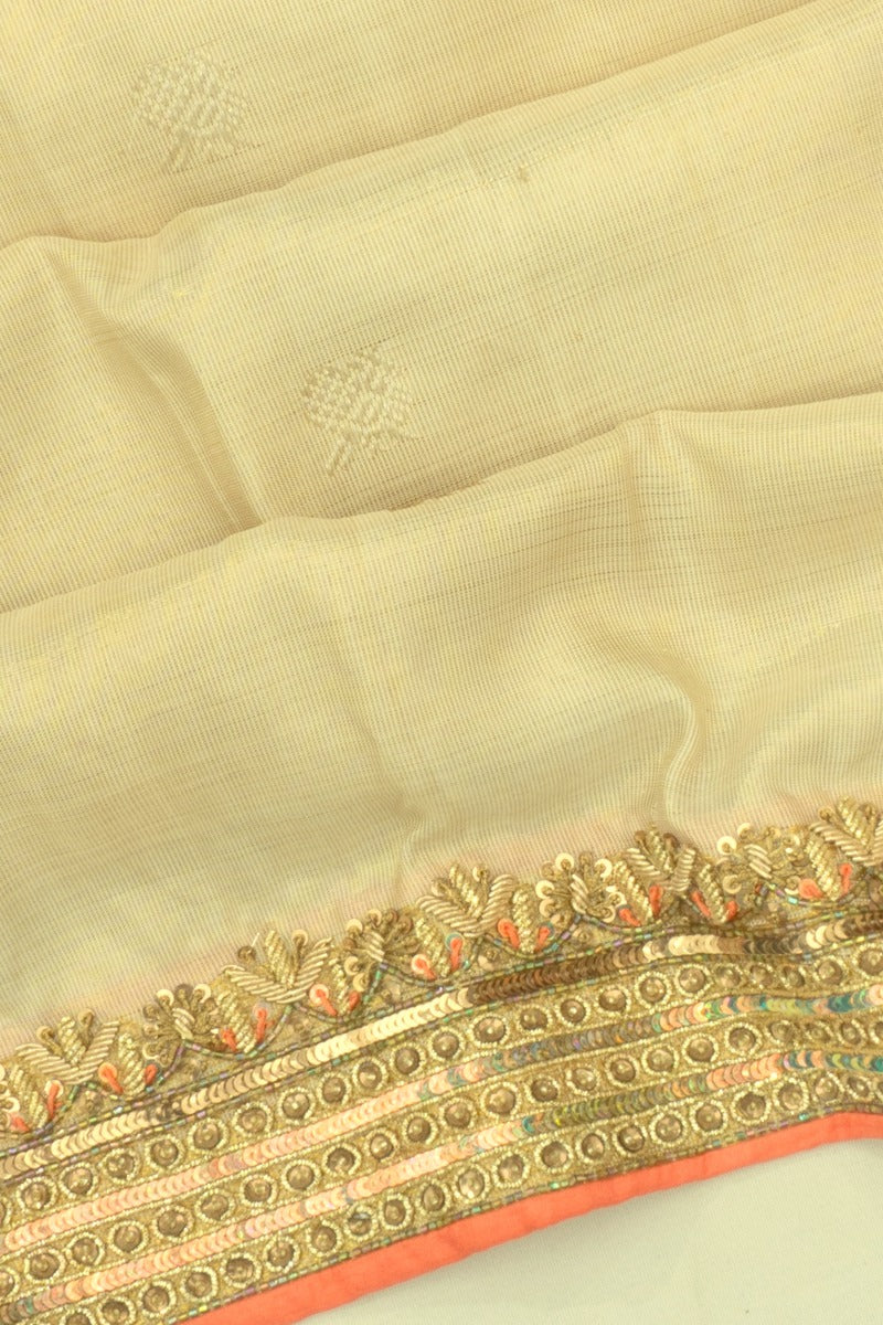 Kanchipuram Silk Tissue Butta Cream Saree With Zardosi Work