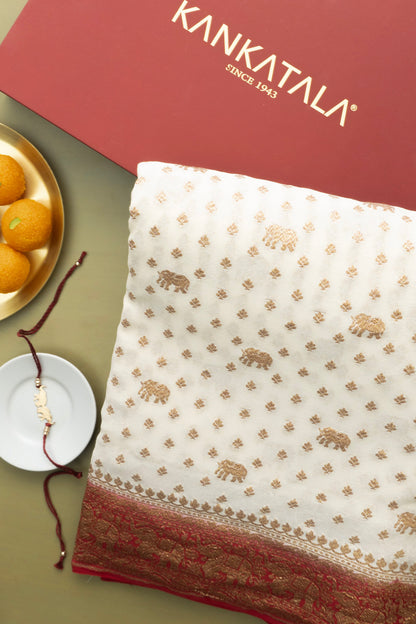 Georgette Brocade White Saree With Rakhi