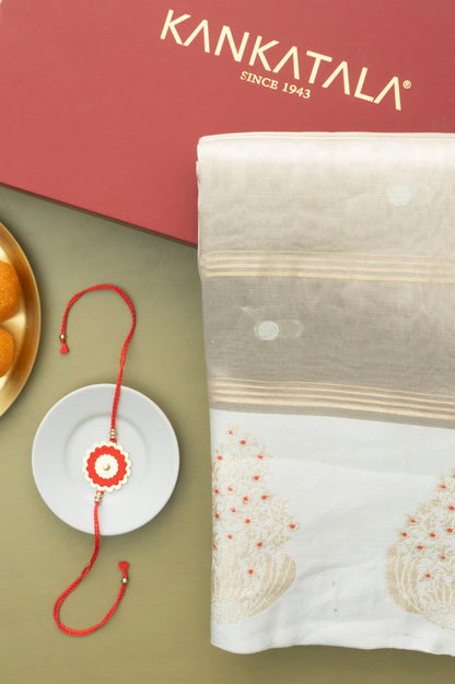 Kanchipuram Kora Organza Tissue Brocade Gold Saree With Satin Border And Rakhi