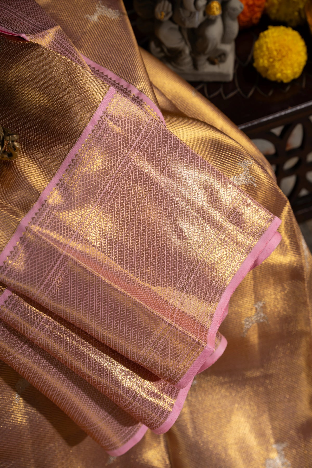 Kanchipuram Silk Tissue Butta Gold Saree