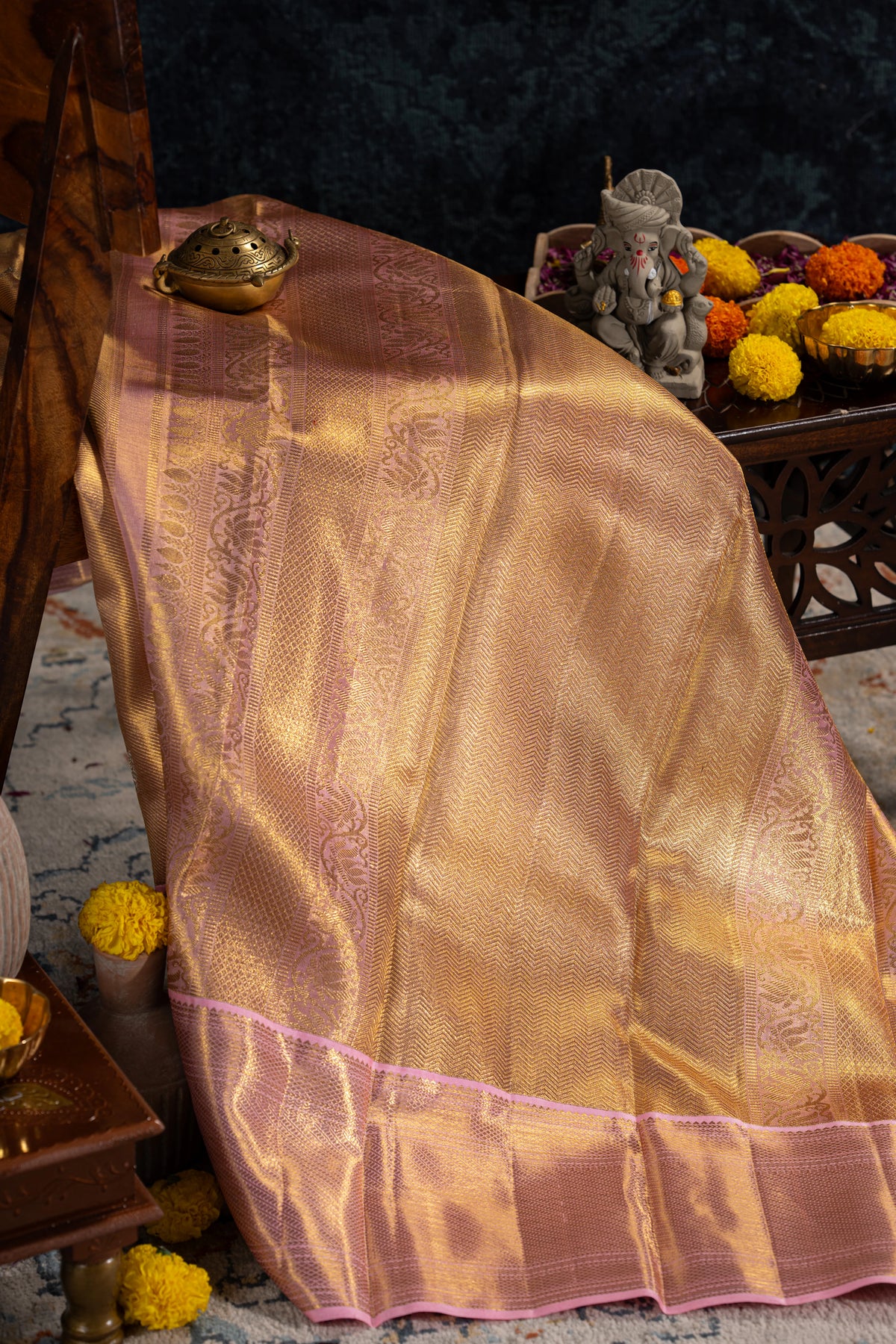 Kanchipuram Silk Tissue Butta Gold Saree