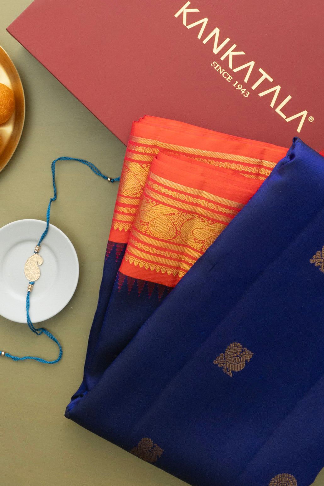 Classic Kanchipuram Silk Butta Blue Saree With Rakhi