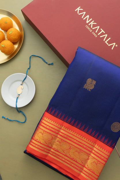 Classic Kanchipuram Silk Butta Blue Saree With Rakhi