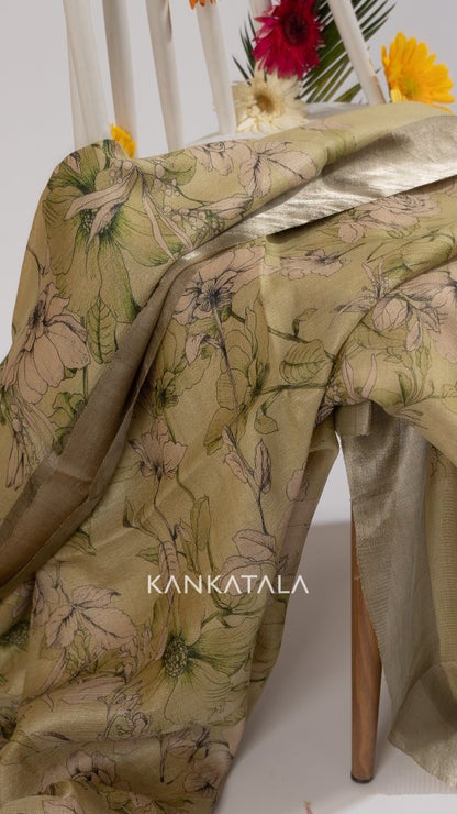 Tussar Floral Printed Pista Green Saree