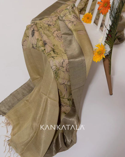 Tussar Floral Printed Pista Green Saree
