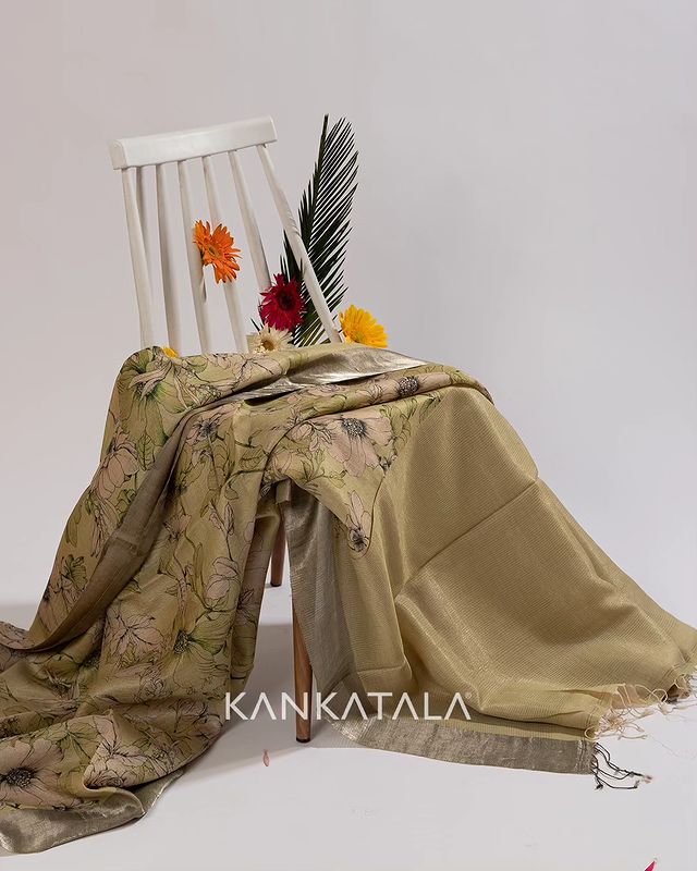 Tussar Floral Printed Pista Green Saree