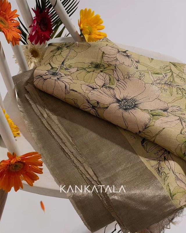 Tussar Floral Printed Pista Green Saree