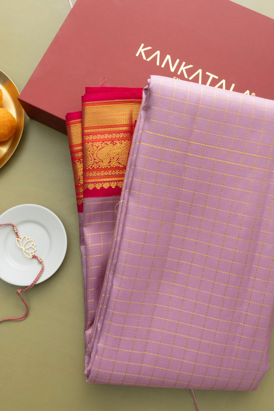 Kanchipuram Silk Checks Lavender Saree With Rakhi