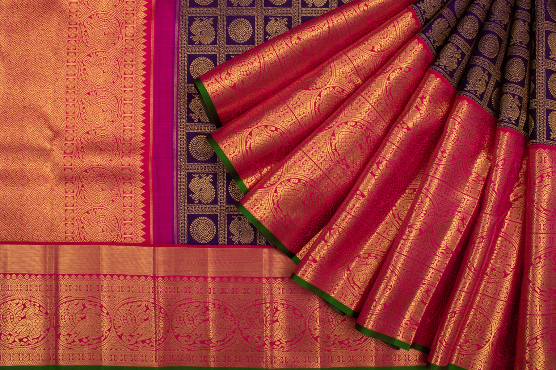 Kanchipuram Silk Checks And Butta Navy Blue Saree