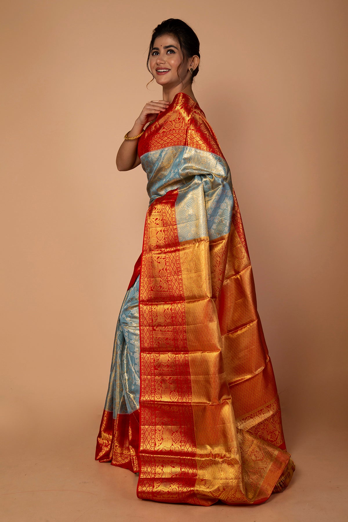 Kanchipuram Silk Tissue Brocade Sky Blue Saree
