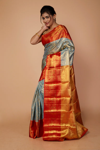 Kanchipuram Silk Tissue Brocade Sky Blue Saree