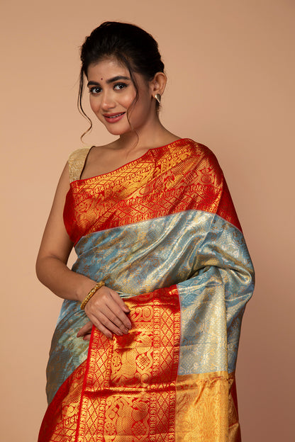 Kanchipuram Silk Tissue Brocade Sky Blue Saree