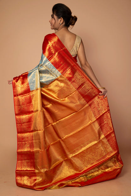 Kanchipuram Silk Tissue Brocade Sky Blue Saree