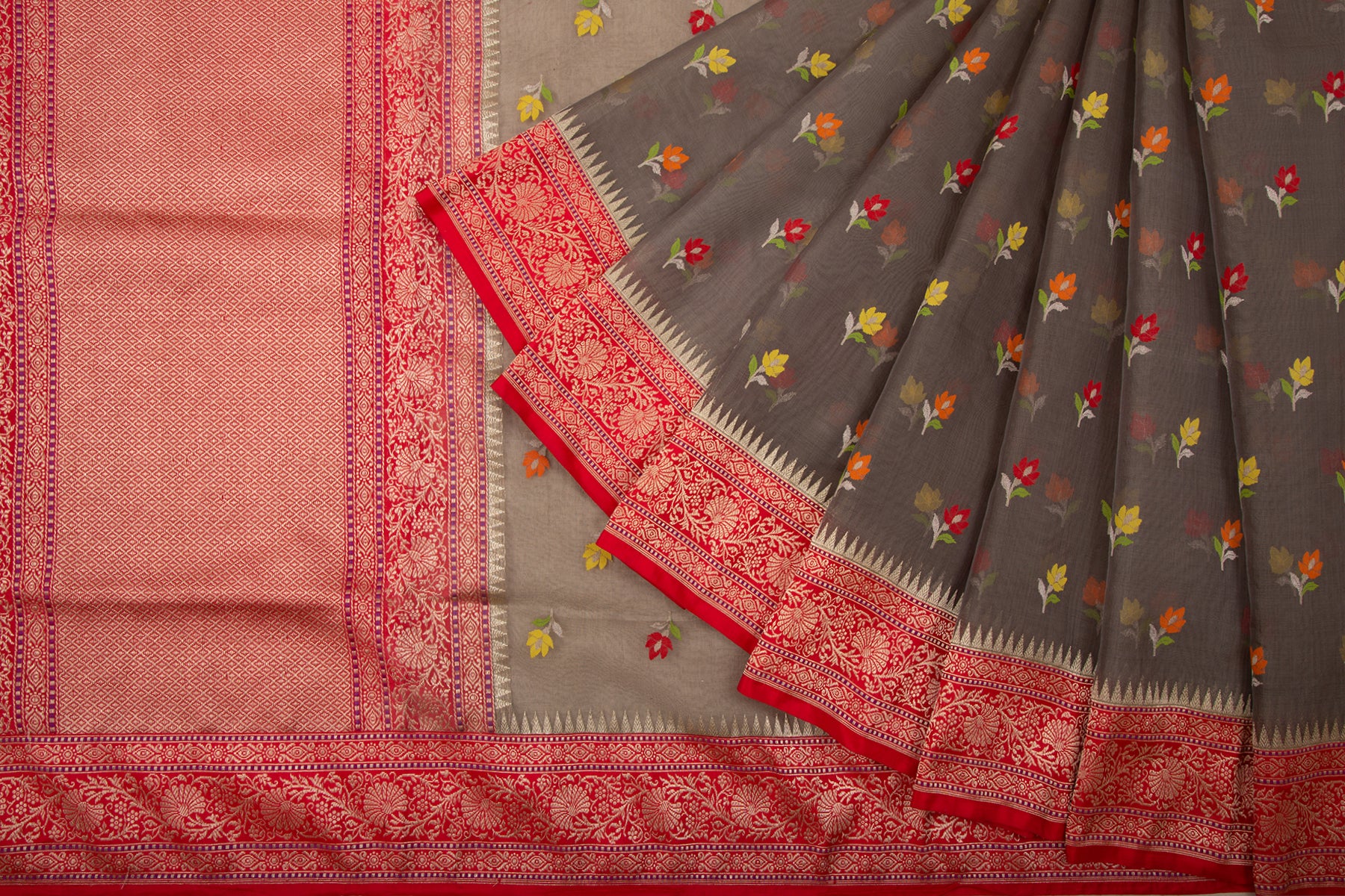 Banarasi Kora Organza Jamdani Butta Grey Saree
