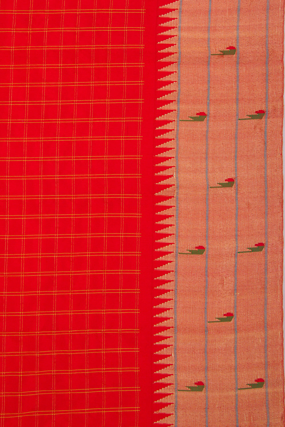 Paithani Silk Checks Red Saree With Triple Muniya Border