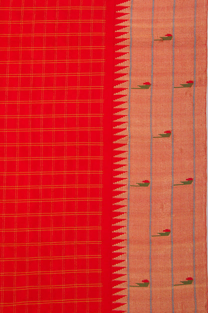 Paithani Silk Checks Red Saree With Triple Muniya Border