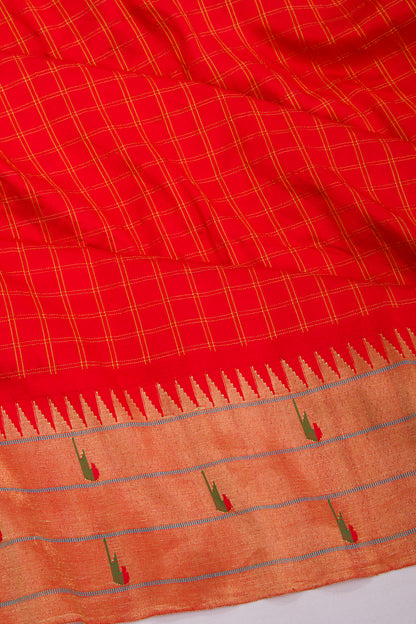 Paithani Silk Checks Red Saree With Triple Muniya Border