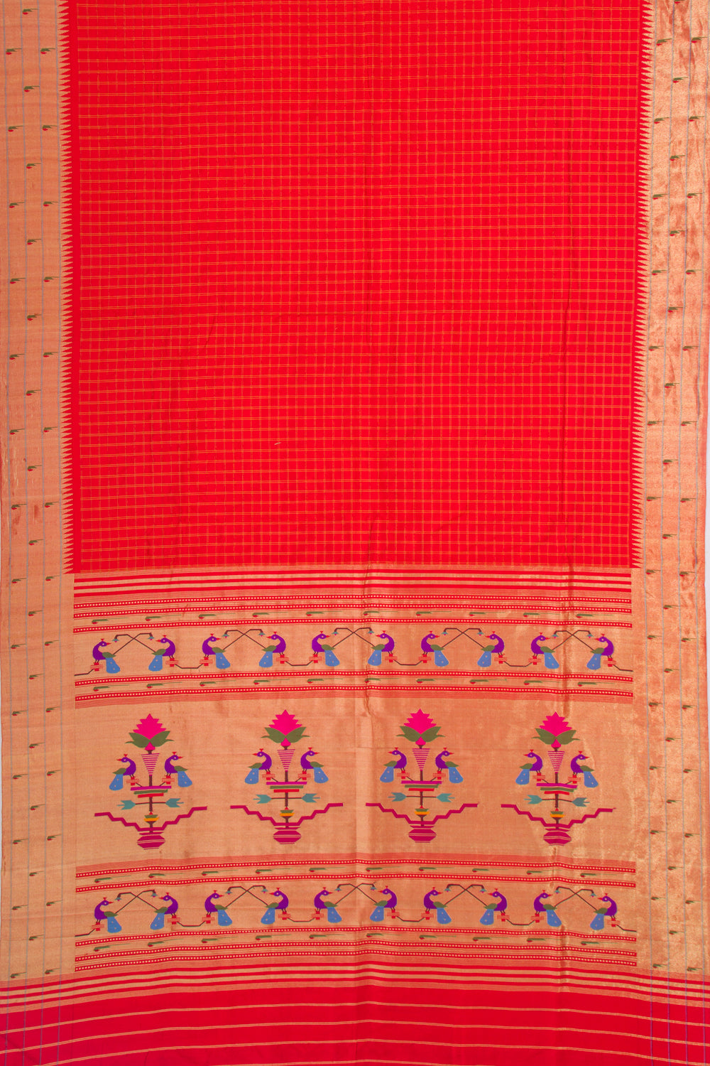 Paithani Silk Checks Red Saree With Triple Muniya Border