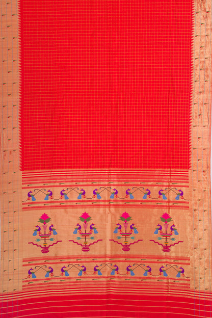 Paithani Silk Checks Red Saree With Triple Muniya Border