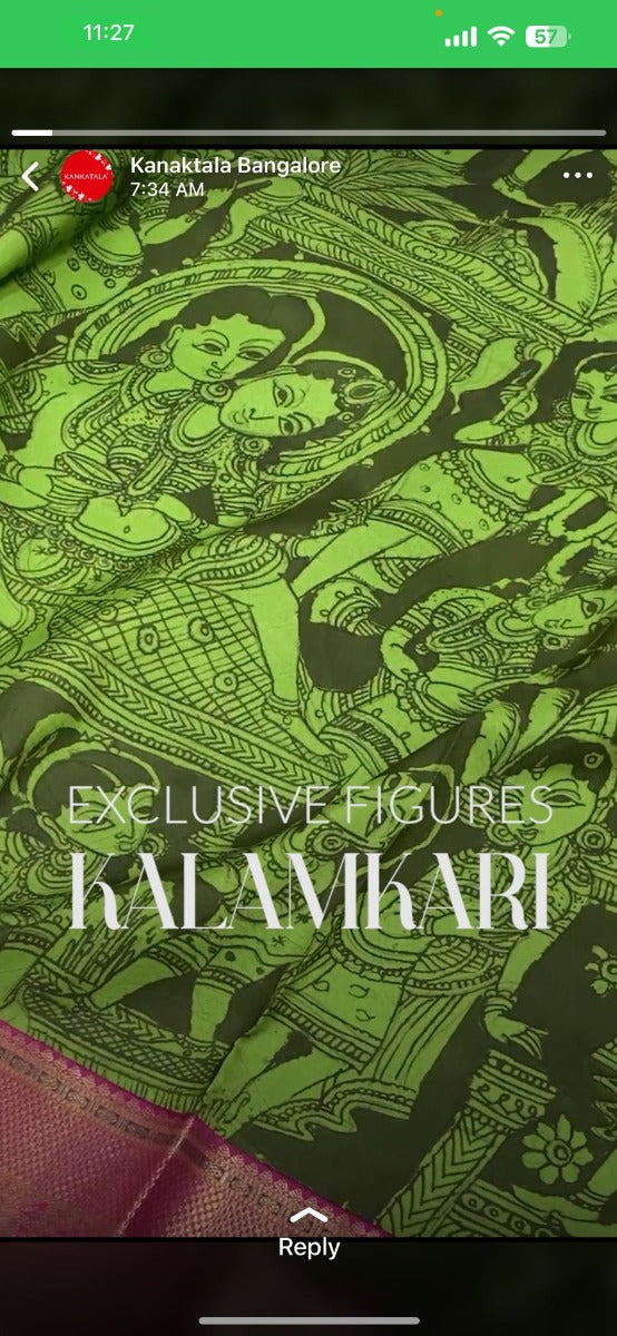 Kanchipuram Silk Kalamkari Hand Painted Green Saree