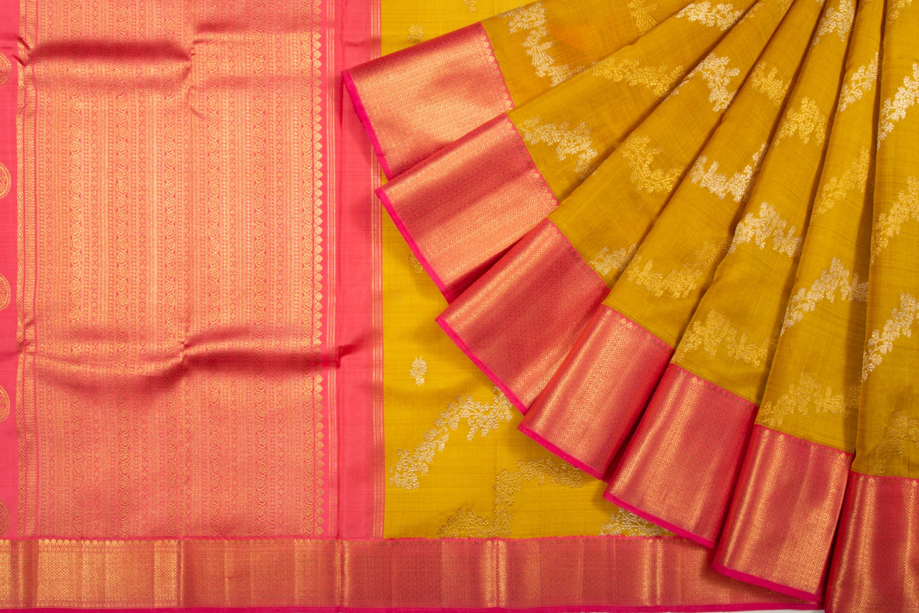 Kanchipuram Silk Jaal And Butta Mustard Yellow Saree