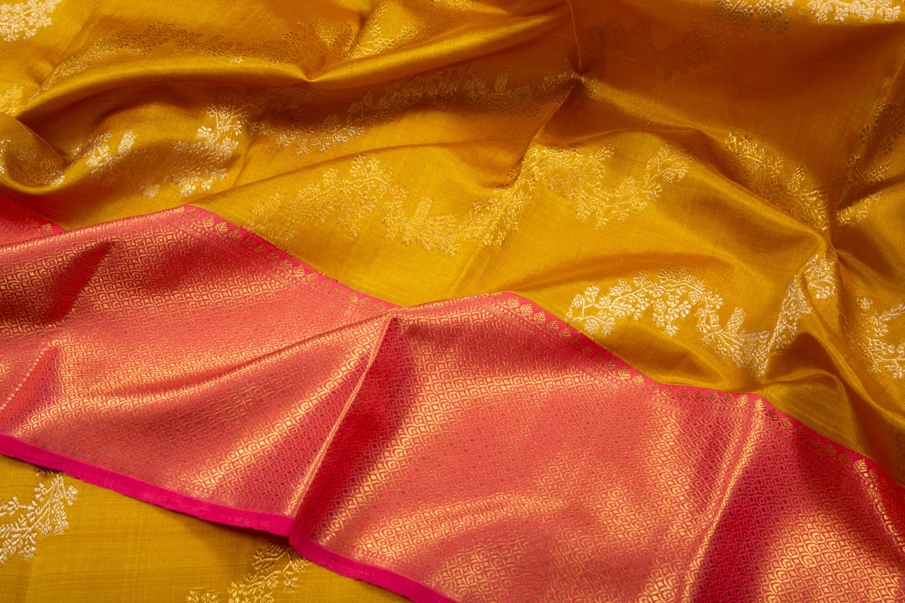 Kanchipuram Silk Jaal And Butta Mustard Yellow Saree
