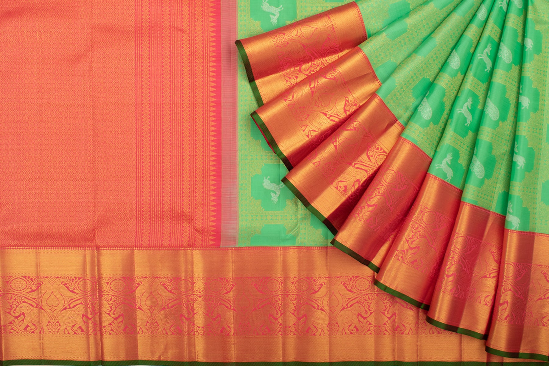 Kanchipuram Silk Checks And Butta Green Saree
