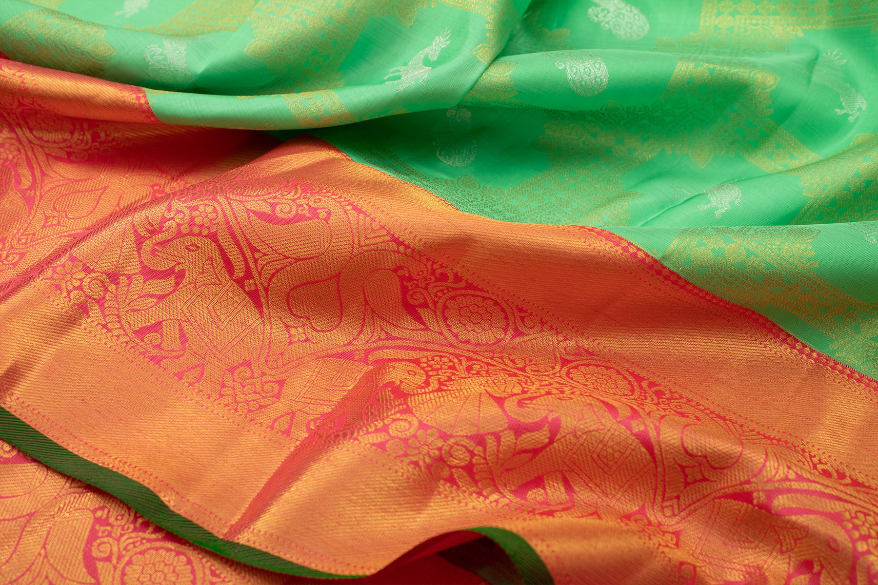 Kanchipuram Silk Checks And Butta Green Saree