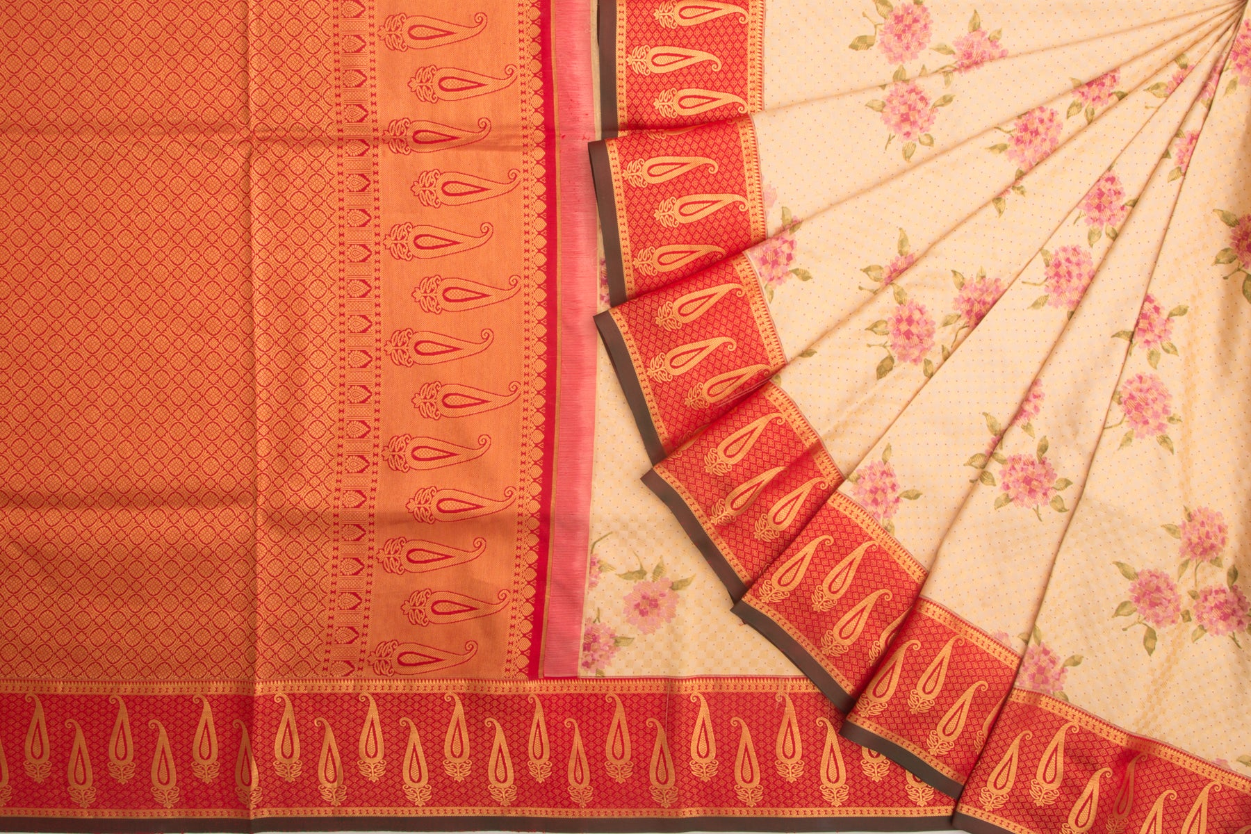 Kanchipuram Silk Printed Brocade Cream Saree