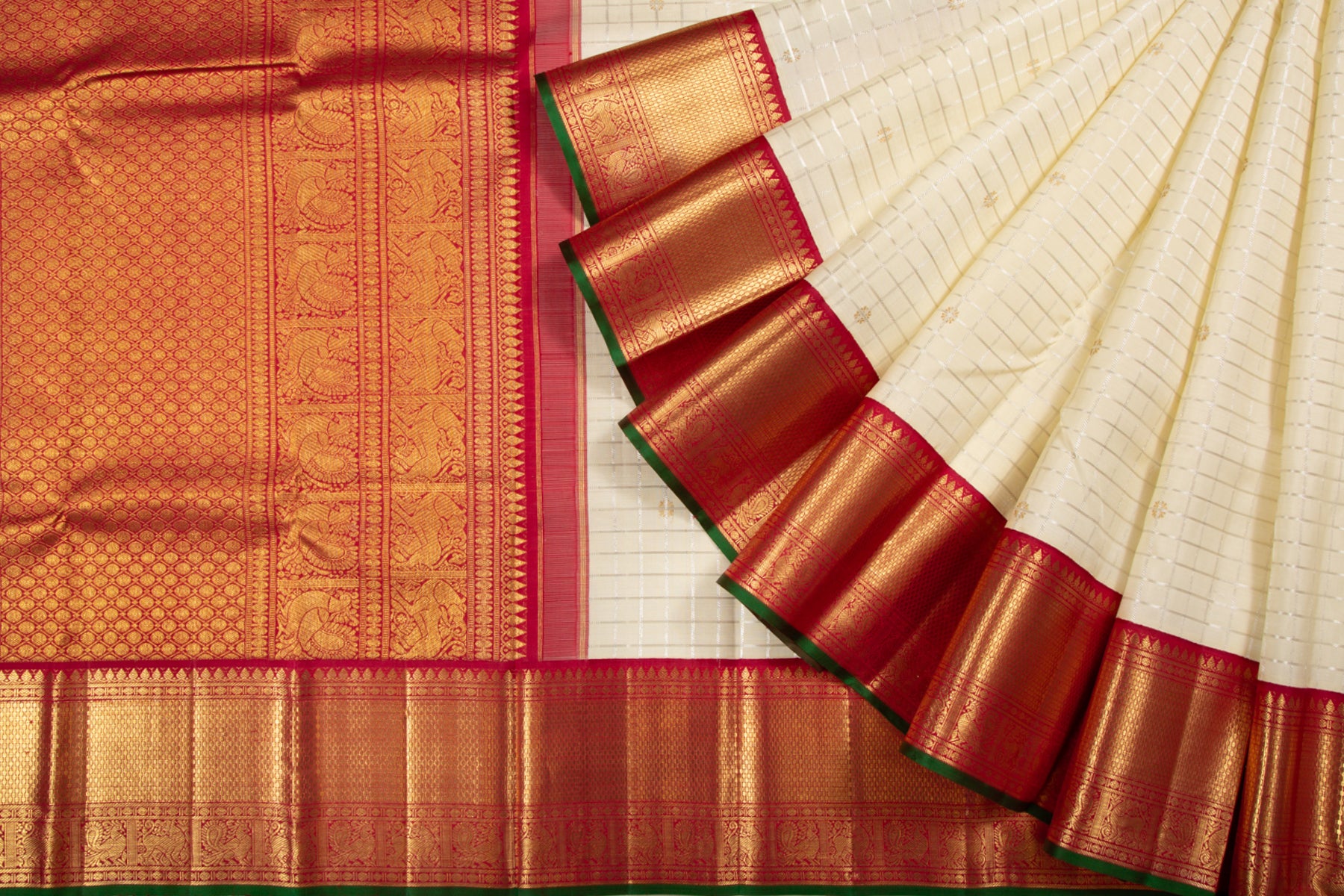 Kanchipuram Silk Checks And Butta Cream Saree