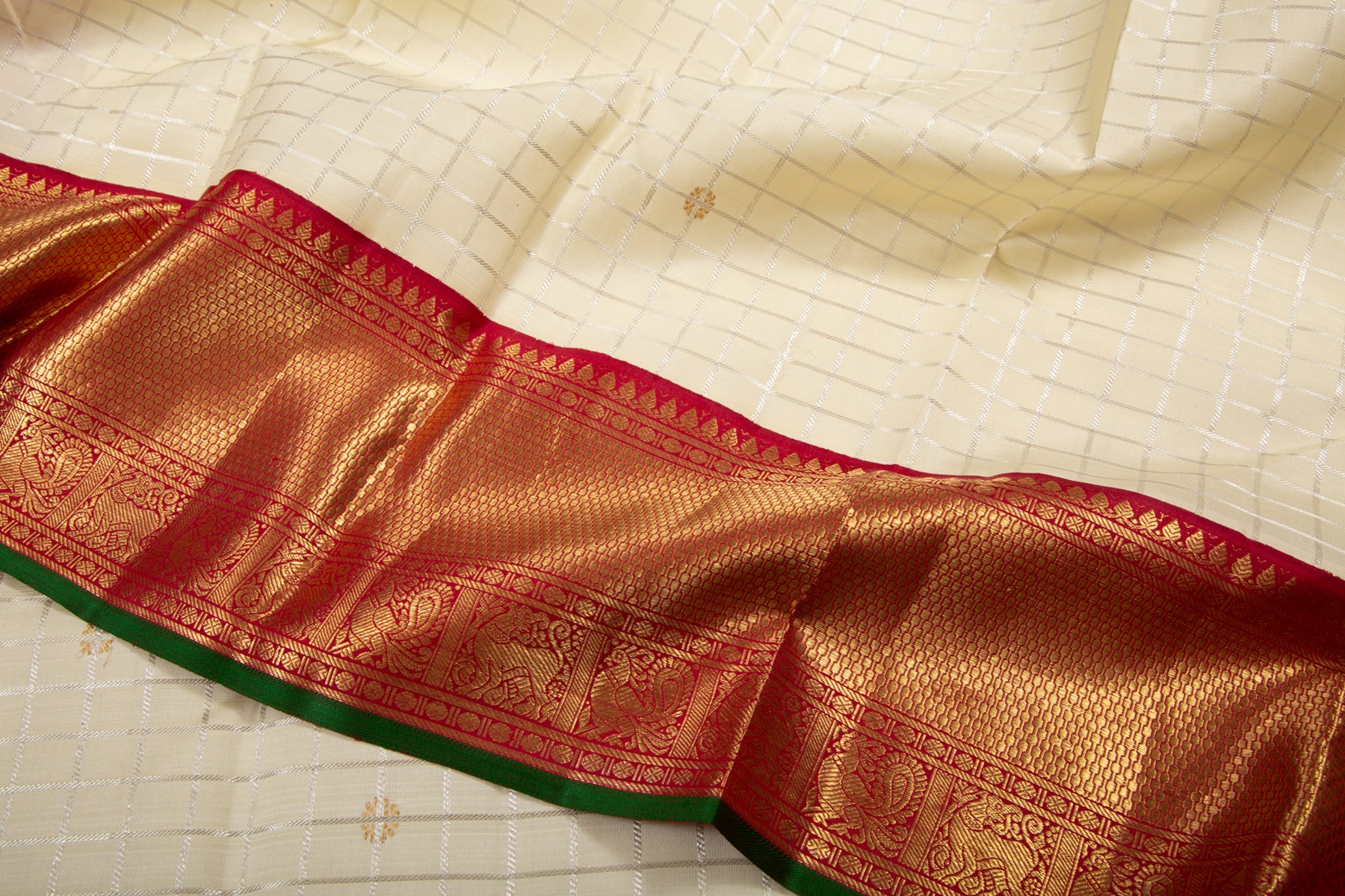 Kanchipuram Silk Checks And Butta Cream Saree
