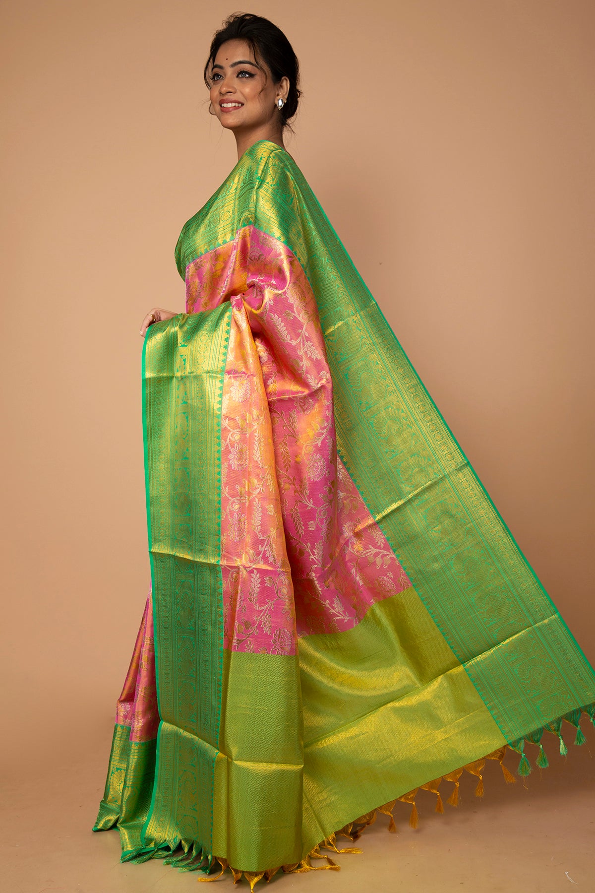 Kanchipuram Silk Tissue Jaal Pink Saree