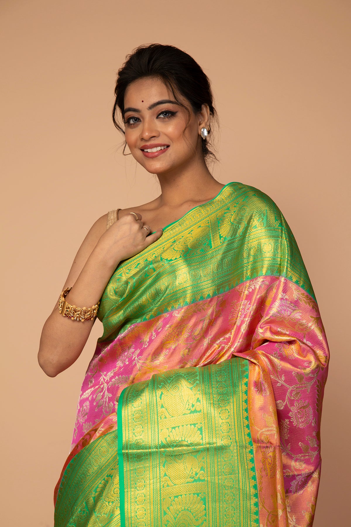 Kanchipuram Silk Tissue Jaal Pink Saree