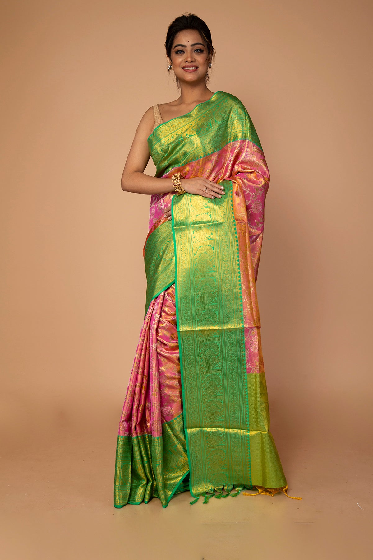 Kanchipuram Silk Tissue Jaal Pink Saree