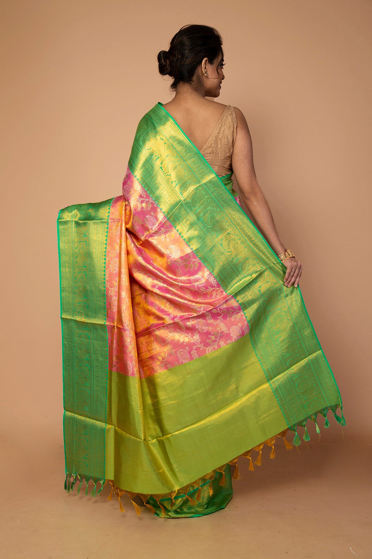 Kanchipuram Silk Tissue Jaal Pink Saree
