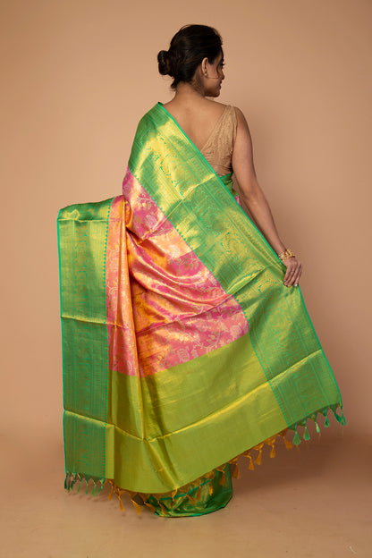 Kanchipuram Silk Tissue Jaal Pink Saree