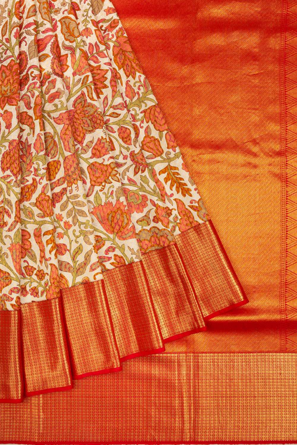 Kanchipuram Silk Floral Printed Cream Saree