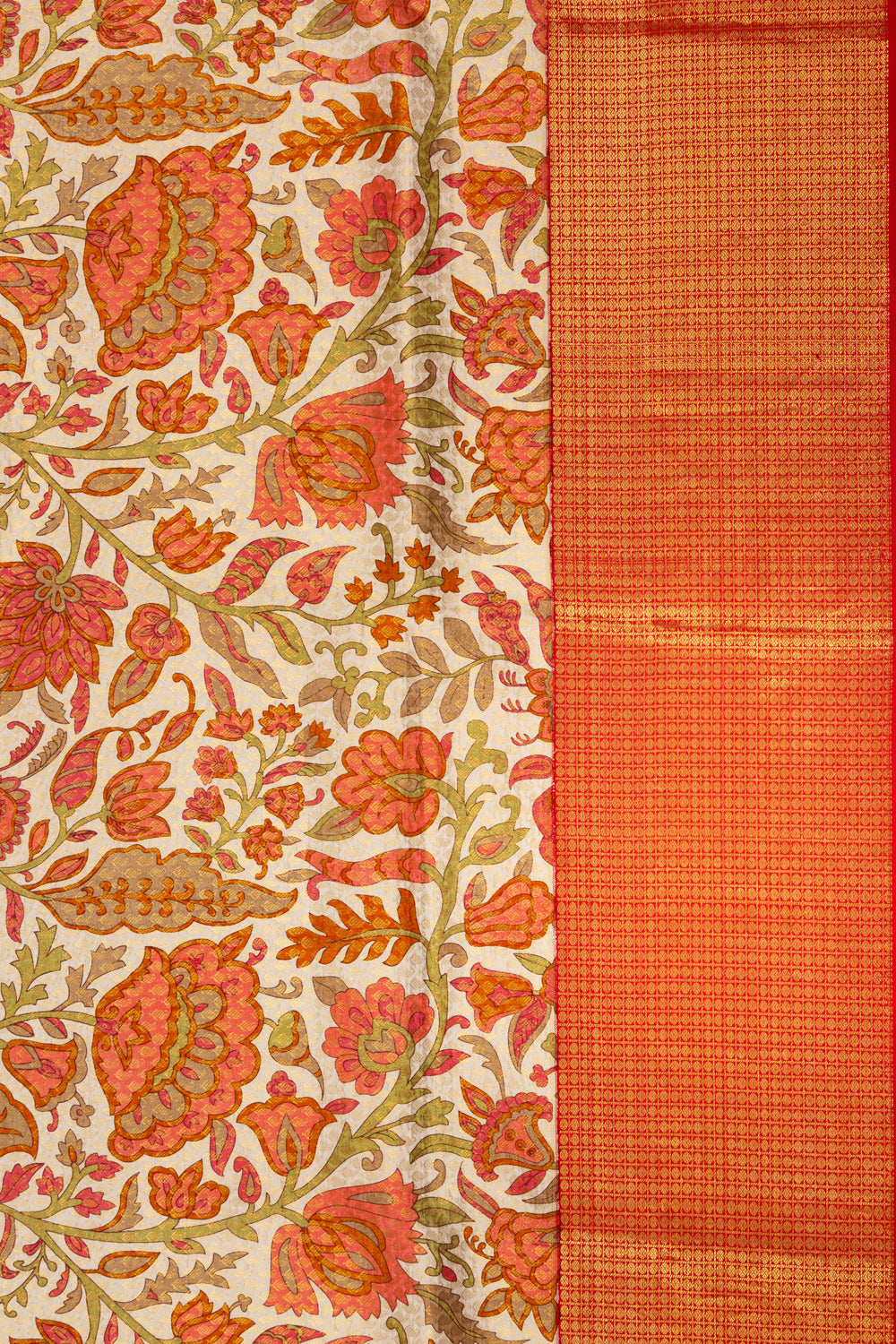 Kanchipuram Silk Floral Printed Cream Saree