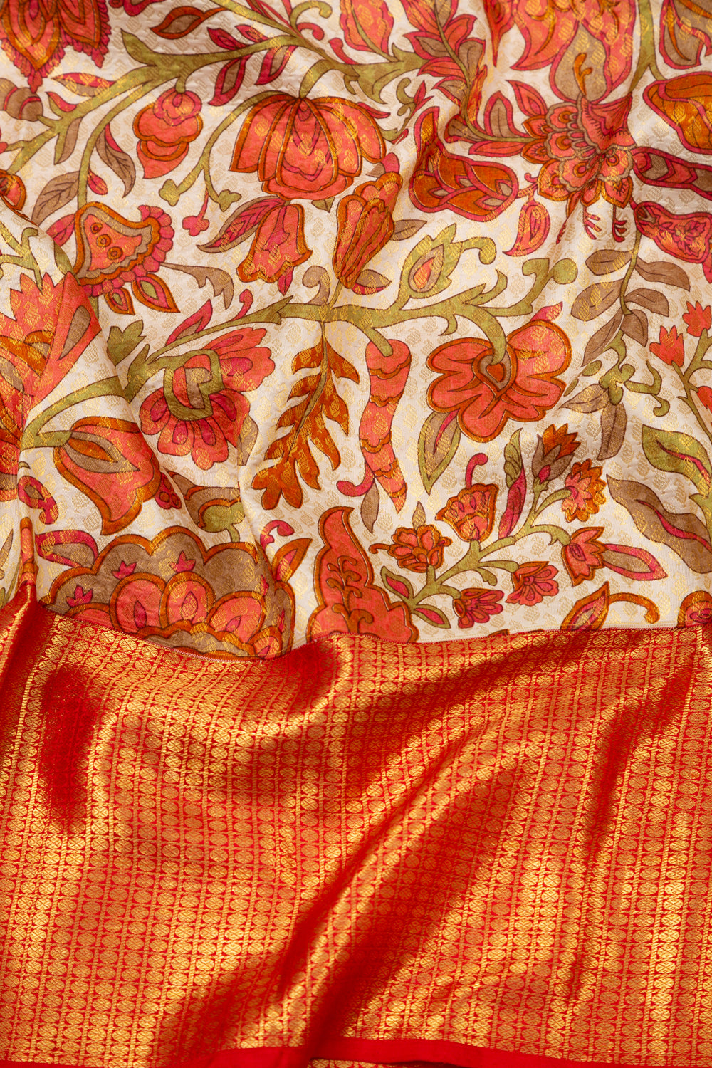 Kanchipuram Silk Floral Printed Cream Saree